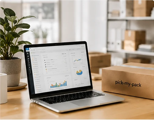 Laptop mit Dashboard, Lagerregalen und pick-my-pack Karton