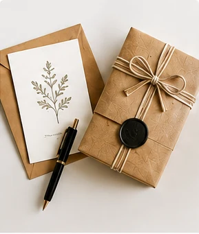 Geschenk, Papeterie, Karte und Stift auf hellem Untergrund