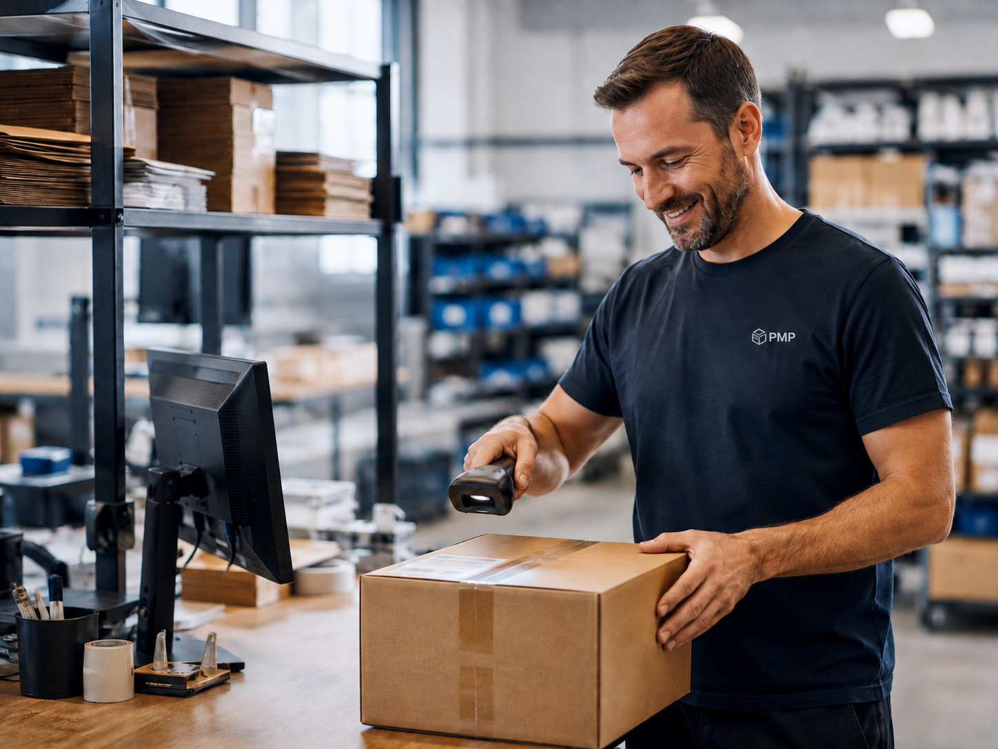 Mitarbeiter scannt ein Paket am Packplatz im pick-my-pack-Lager