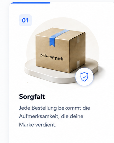Sorgfalt im Fulfillment mit pick-my-pack Karton und Schutzsymbol