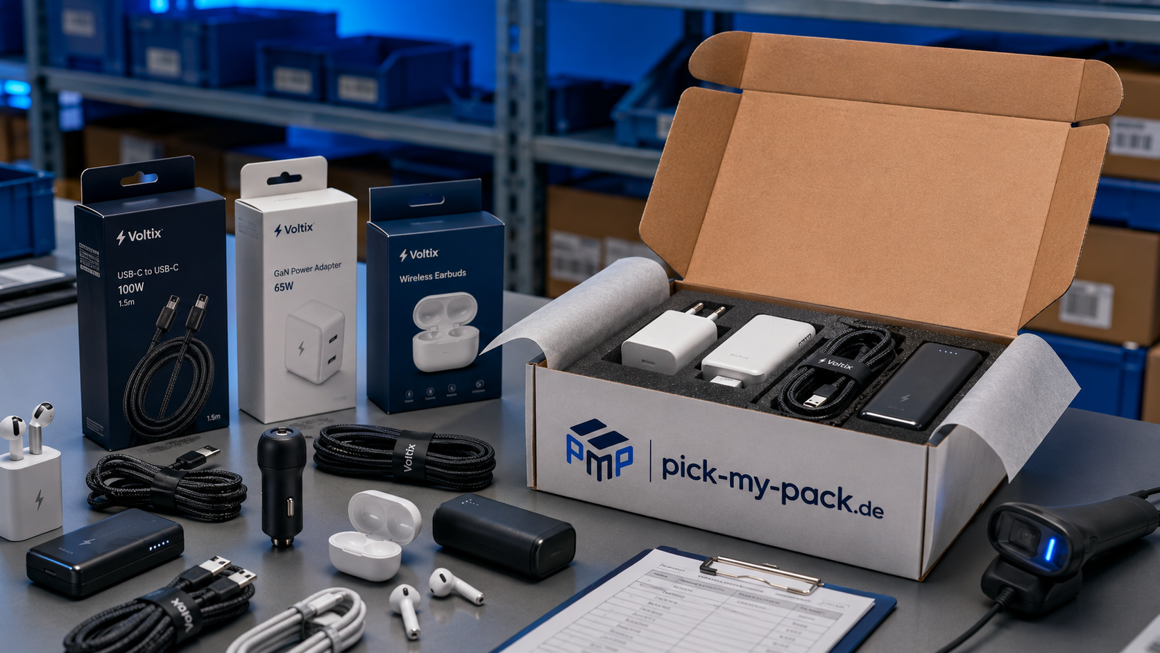 Elektronikzubehör in einer geöffneten Versandverpackung