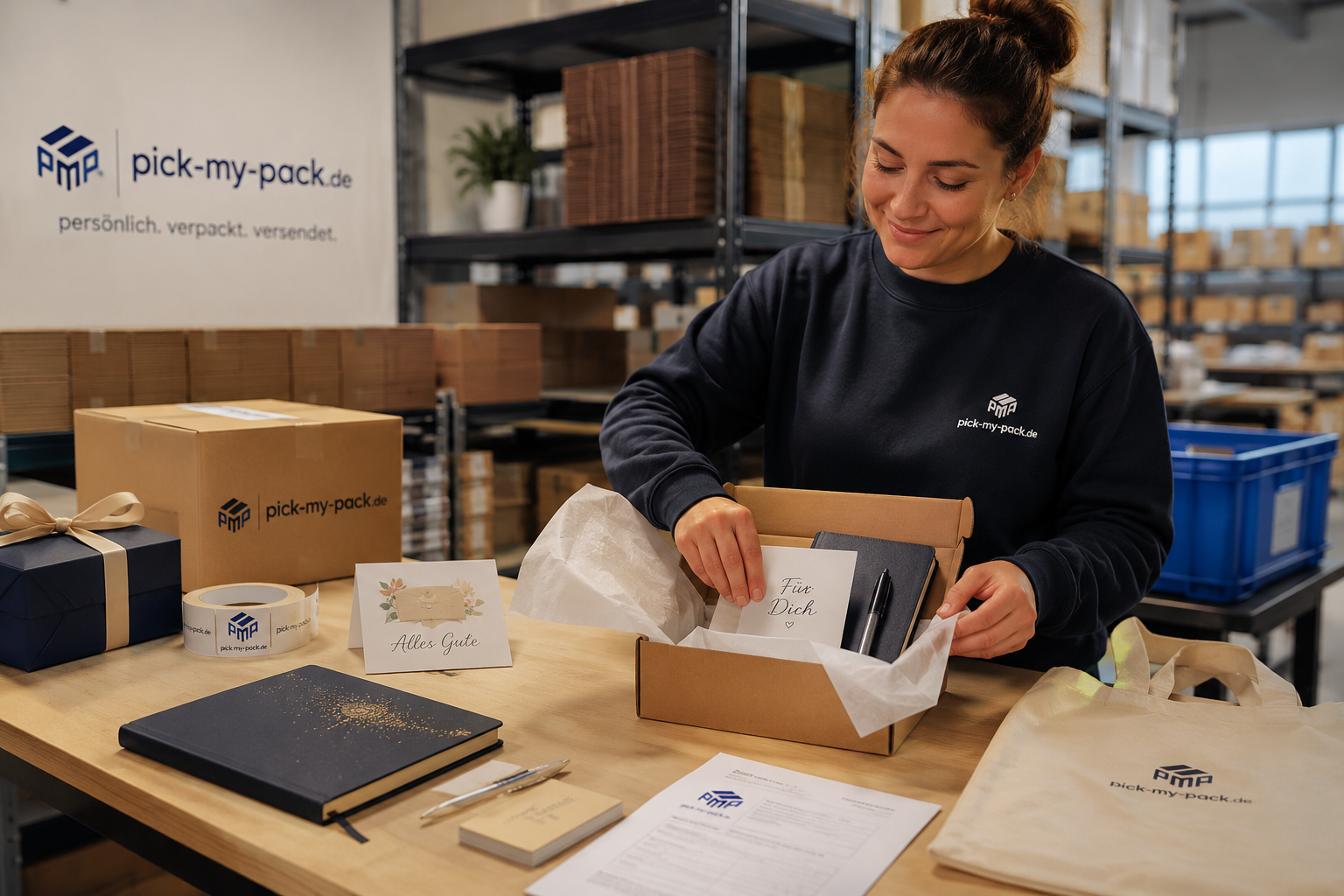 Mitarbeiterin stellt Geschenk- und Papeterieartikel für den Versand zusammen
