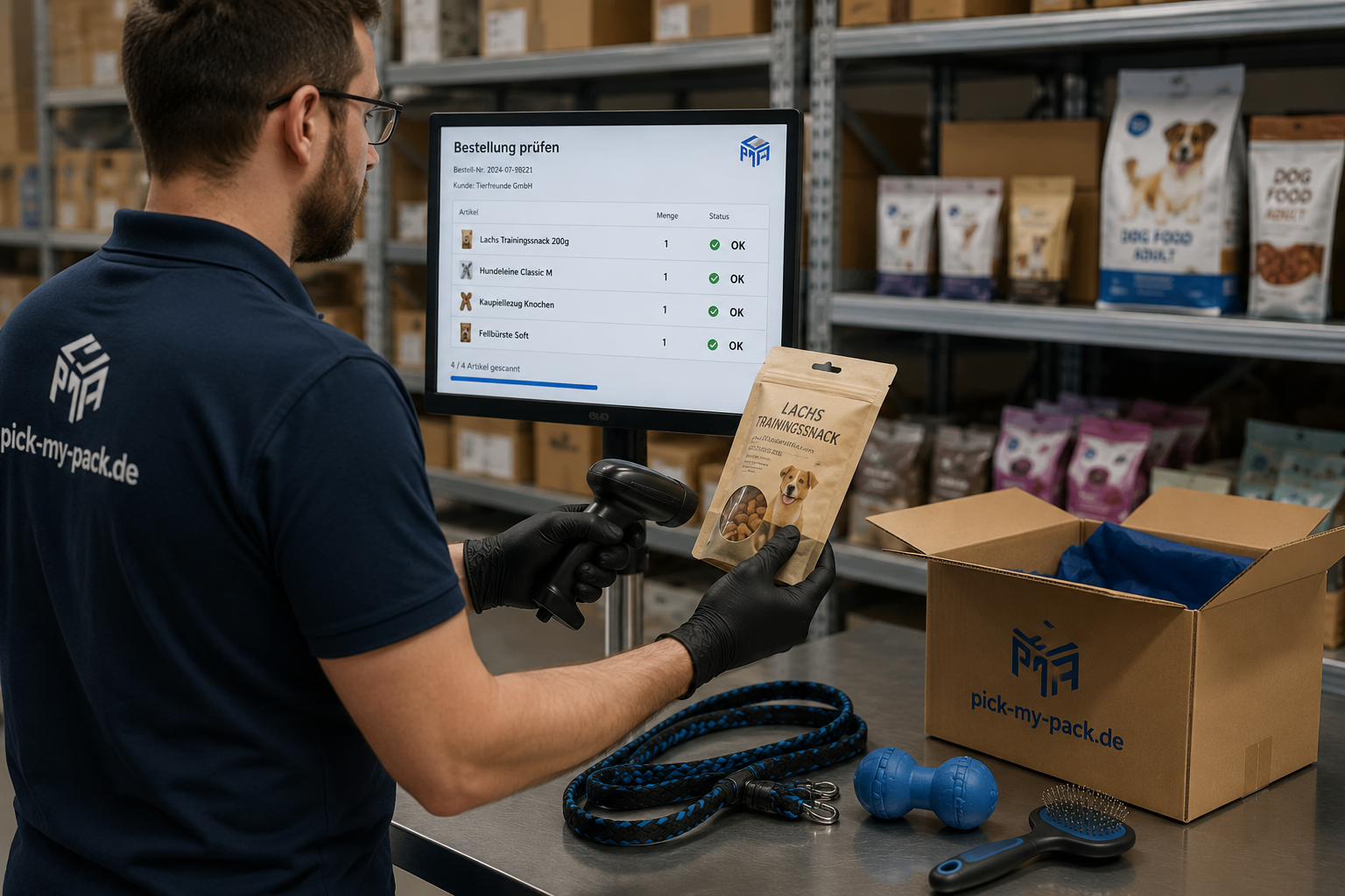 Heimtierbedarf mit unterschiedlichen Produkten, Varianten und Beilegern in einem strukturierten Fulfillment-Prozess
