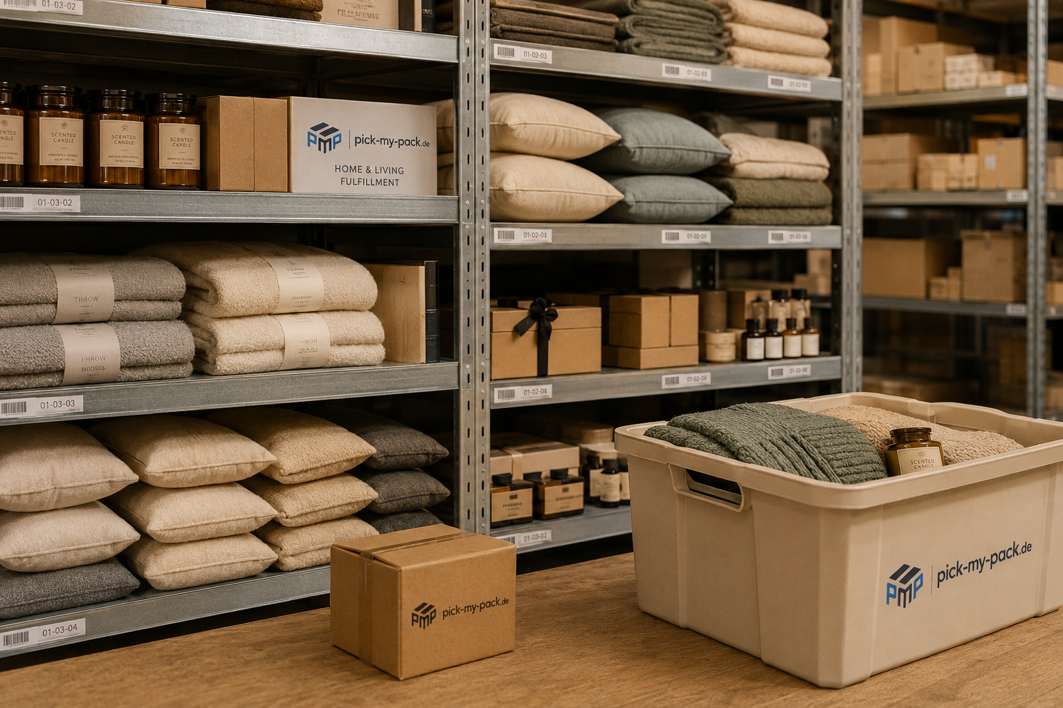 Home-und-Living-Produkte werden übersichtlich im Lager bereitgestellt