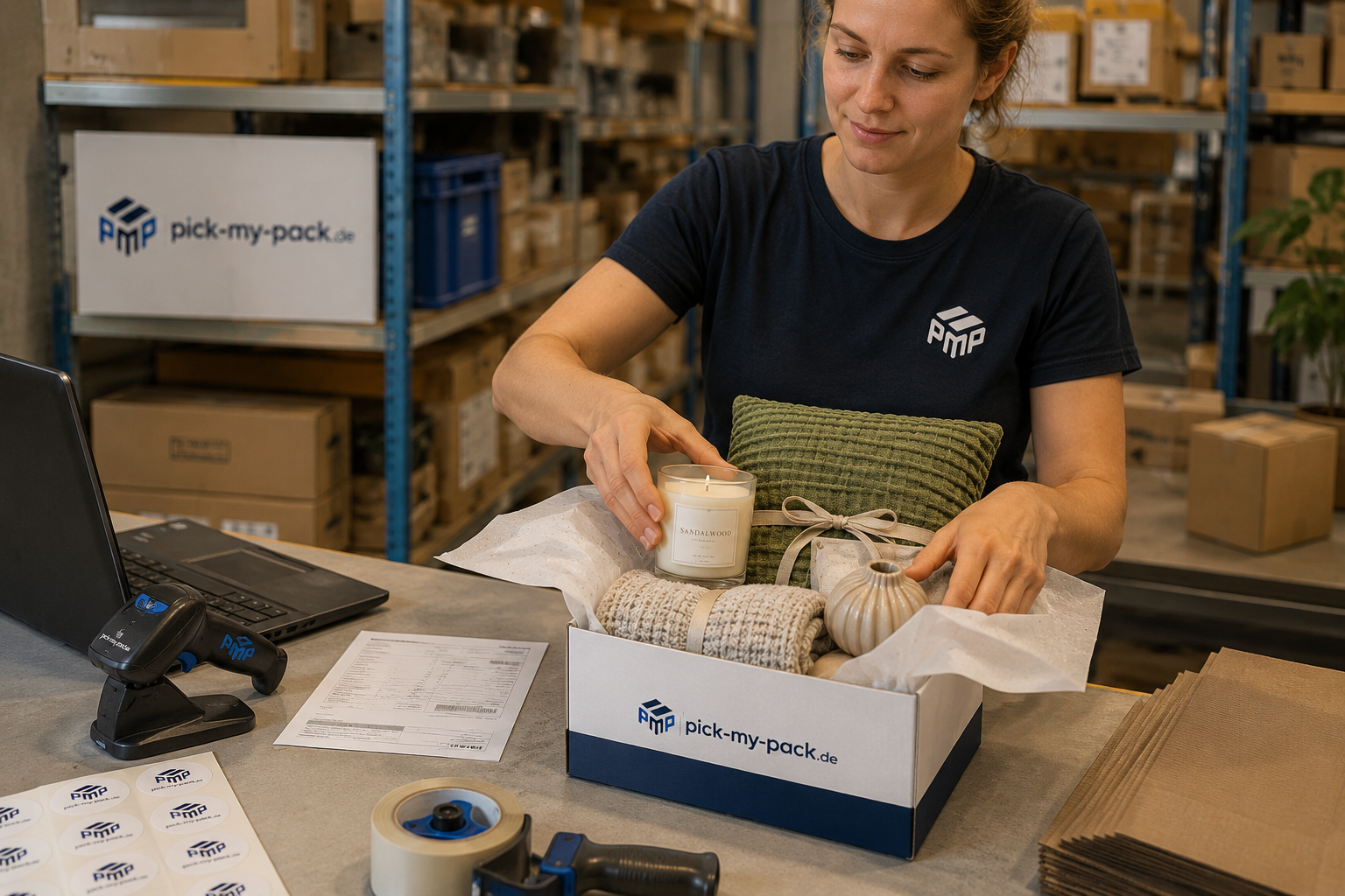 Mitarbeiterin verpackt Wohnaccessoires für eine Bestellung