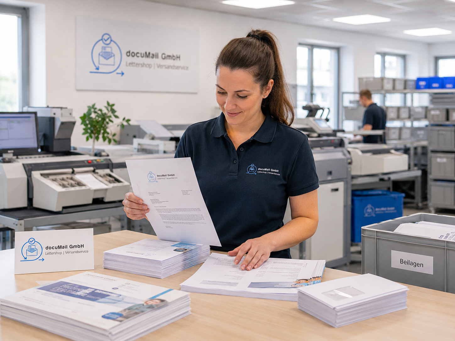 Mitarbeiterin bereitet personalisierte Aussendungen im Lettershop vor