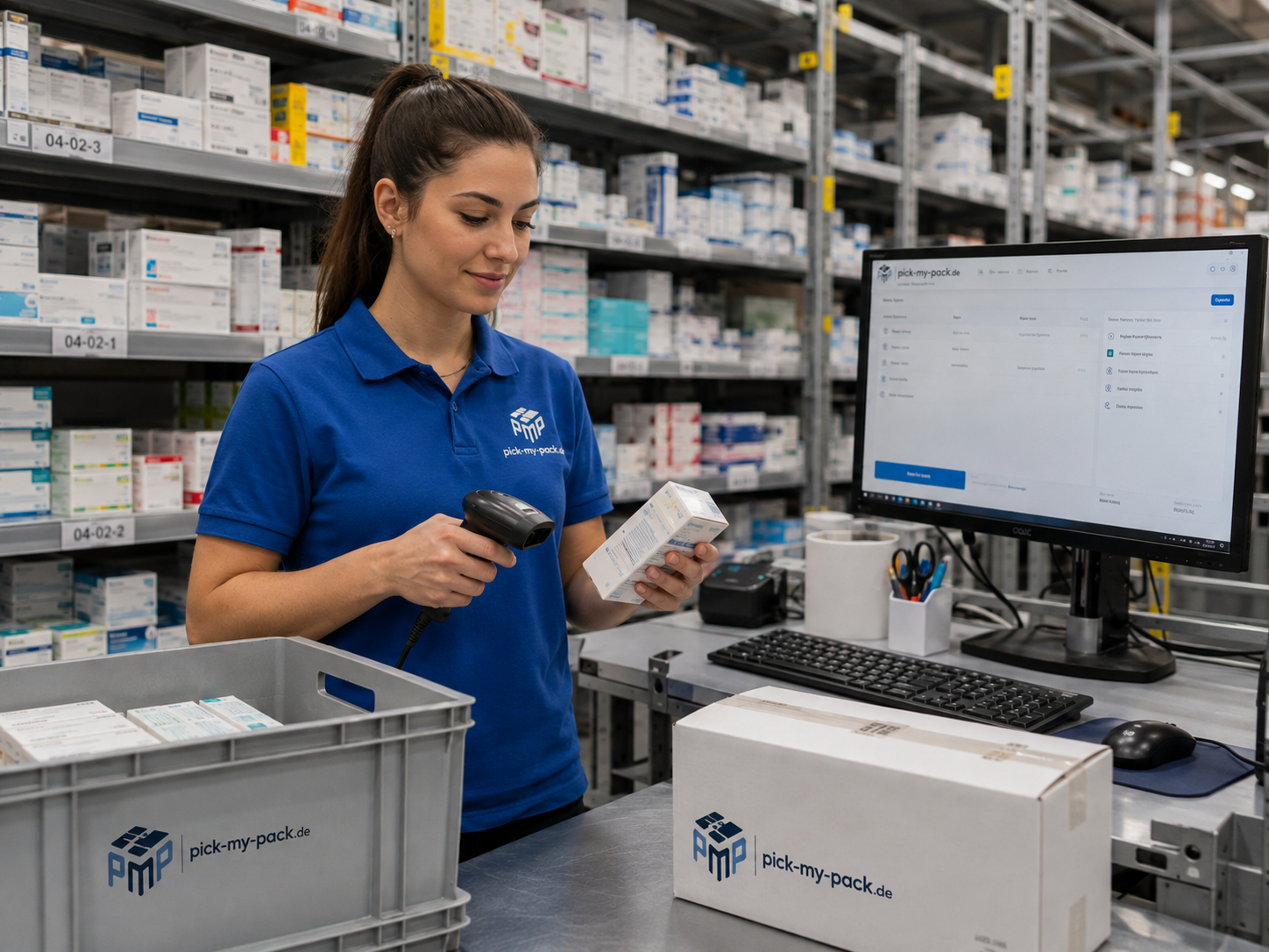 Mitarbeiterin bei der kontrollierten Bearbeitung medizinischer Produkte im Lager