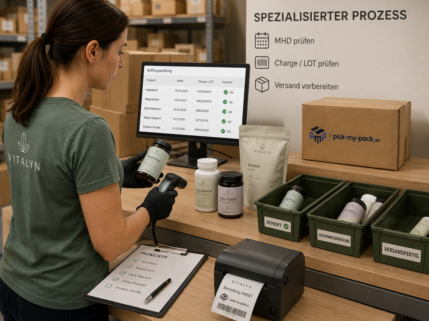 Mitarbeiterin kontrolliert ein Wellness-Paket vor dem Versand