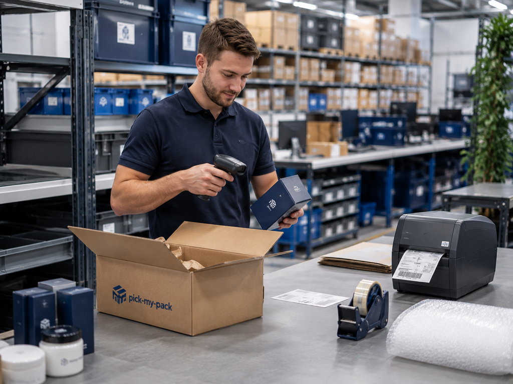 Mitarbeiter verpackt eine kommissionierte Bestellung am Packplatz