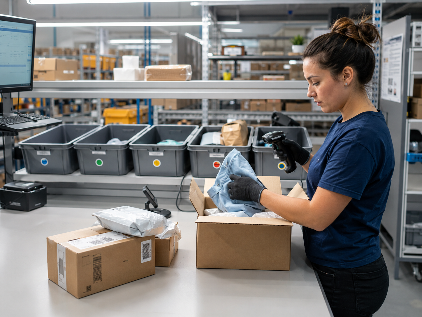 Mitarbeiterin sortiert geprüfte Rücksendungen am Arbeitsplatz