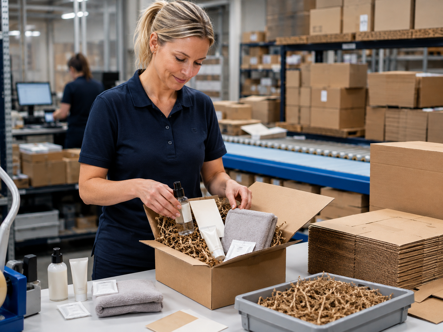 Mitarbeiterin stellt mehrere Produkte zu einem Versandset zusammen