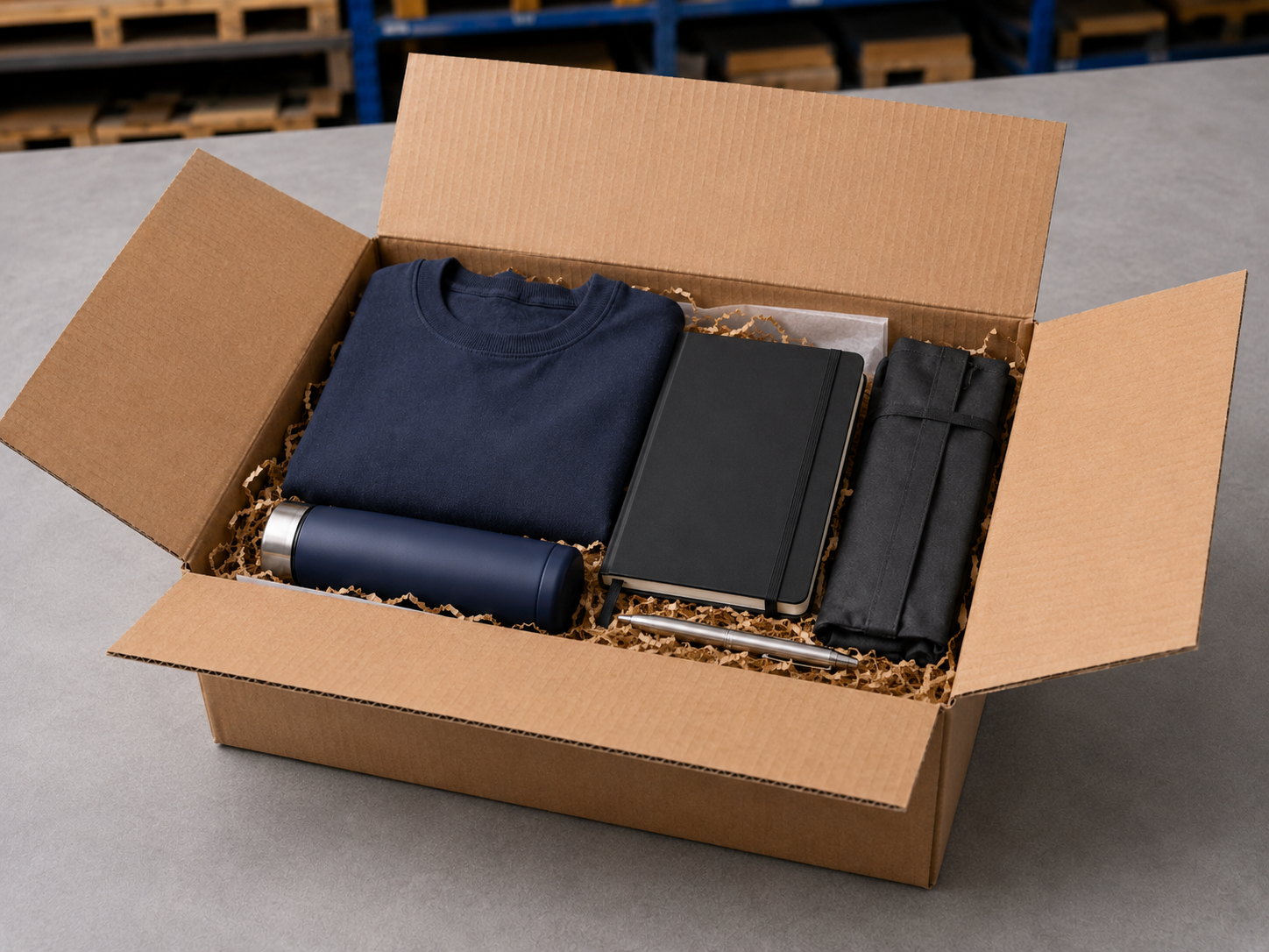 Fertig zusammengestelltes Produktset in einem Versandkarton