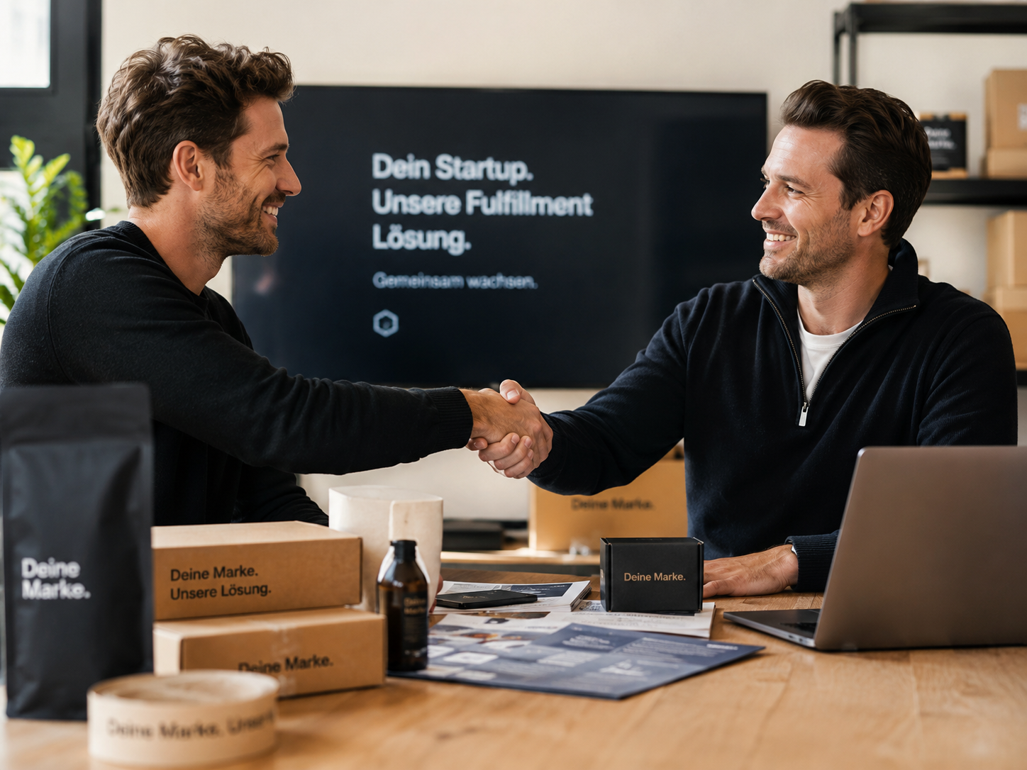 Startup-Gründer mit Produkten und Paketen als Symbol für skalierbares Fulfillment