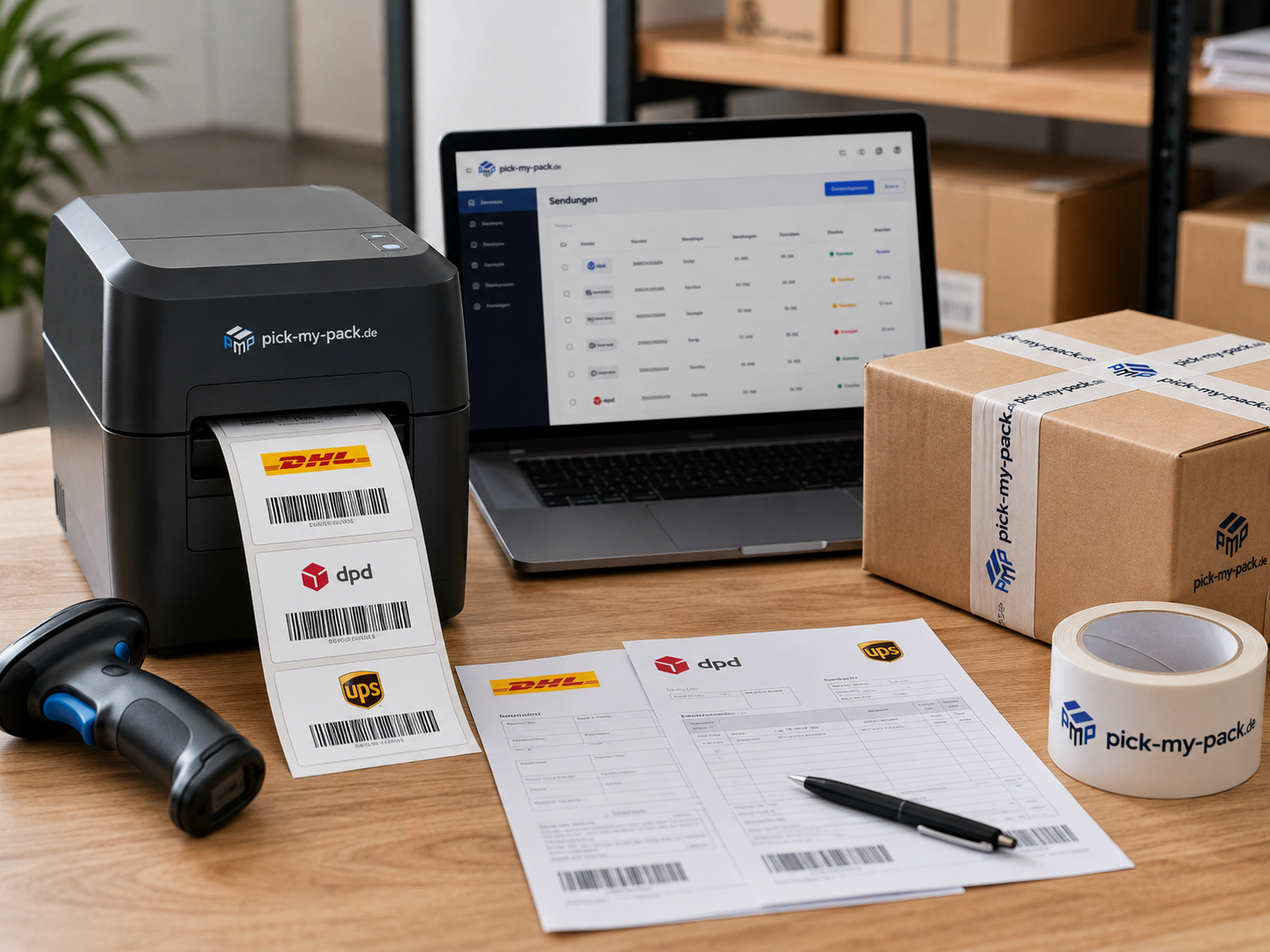Versandetiketten werden für unterschiedliche Paketdienstleister vorbereitet