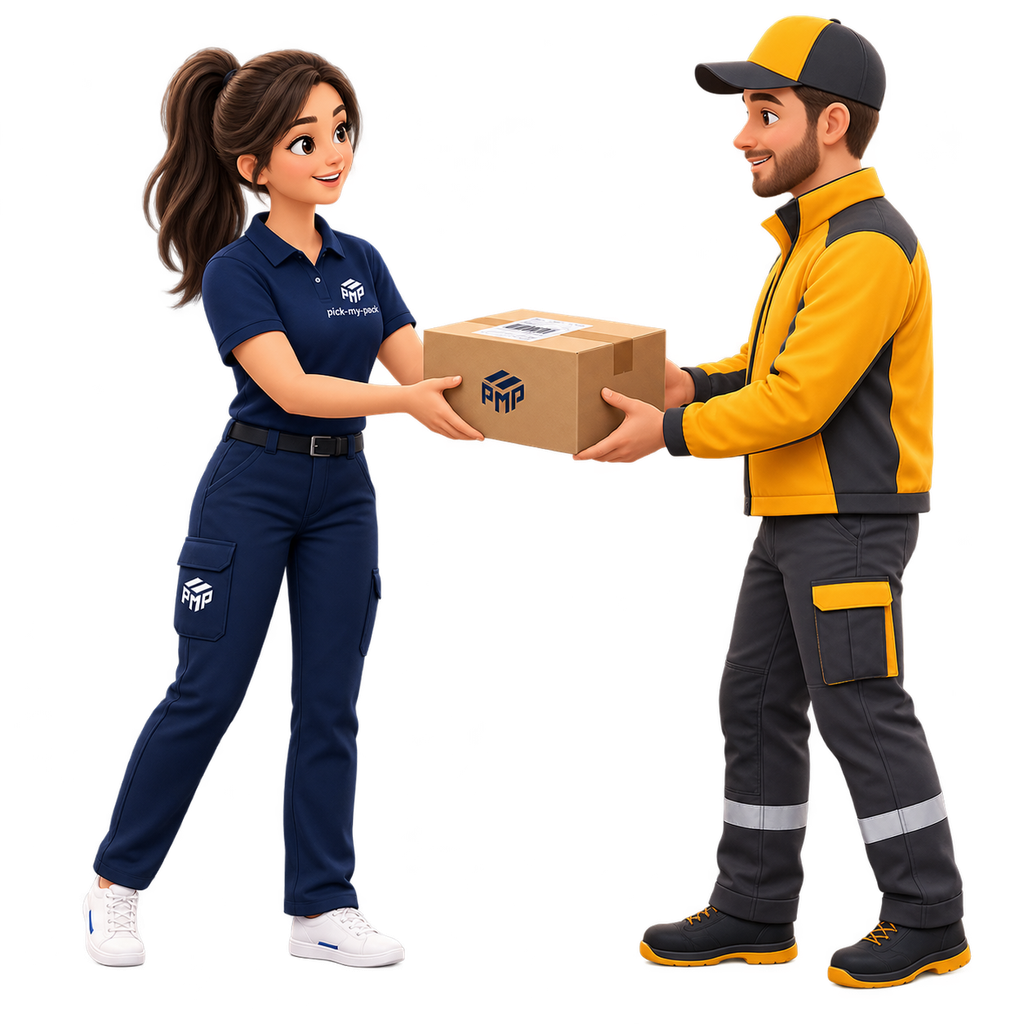 Illustration der Paketübergabe von pick-my-pack an den Versanddienstleister