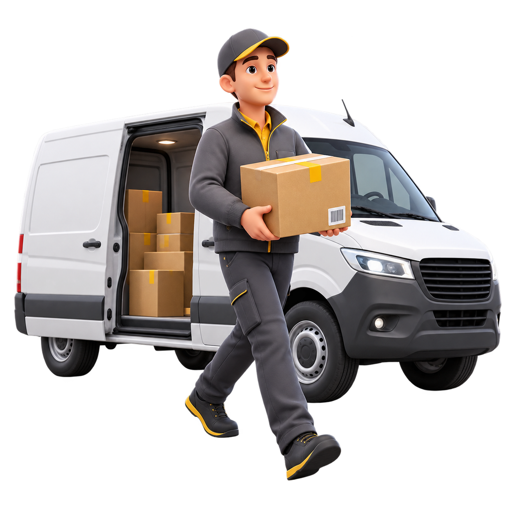 Illustration eines Zustellers bei der Auslieferung eines Pakets