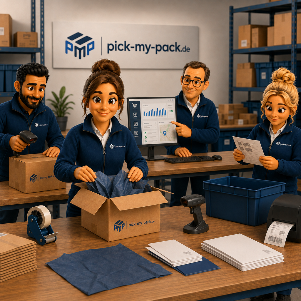 pick-my-pack Team arbeitet gemeinsam im Versandlager